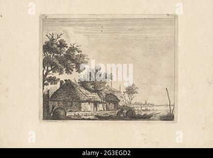 Landschaft mit Bauernhof und Fischer; Landschaften mit Häusern. Landschaft mit einem Bauernhof und Heuhaufen links. Im Vordergrund auf dem Wasser ein Fischer mit Fuker in einem Boot. Stockfoto
