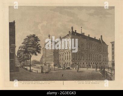 Blick auf den Königspalast in Amsterdam; den Königspalast in Amsterdam, auf der Seite von Den Voorburgwal zu sehen / Le Palais Royal à Amsterdam, Pris du Côté du Voorburgwal. Blick auf die Rückseite des Palastes. Links der Eingang zum stillen Teig. Rechts im Hintergrund der Turm der alten Kirche. Stockfoto
