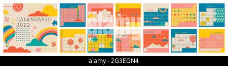 Spanischer Kalender-Planer für 2022, Woche beginnt am Montag. Set von 12 Monaten Januar - Dezember. Mehrfarbige flache Vektorgrafik. Stock Vektor