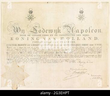 Diplom für P. Reuther bei seiner Ernennung zum Ritter im Orden der Union, 1809. Offizielles Diplom im Namen von Pieter Reuther mit seiner Ernennung zum Ritter im Königlichen Orden der Union, 31. Juli 1809. Mit dem Siegel des Ordens und unterzeichnet vom König, Groot Chamber und Secretary. Gedrucktes Diplom, in dem der Name und die Daten mit Stift ausgefüllt wurden. Oben Bilder von vorne und unten vom Grand Cross. Stockfoto