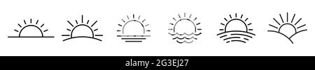 Sonnenuntergangssymbol. Sonnensymbole. Vektorgrafik. Vektor-Symbole für Sonnenaufgang. Schwarze lineare Symbole Stock Vektor