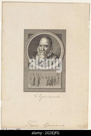 Porträt von Franciscus Gomarus. Porträt des Theologen Franciscus Gomarus. Unter dem Porträt ein Bild der Diskussion von Gomarus, als Führer der Kontra-Aufseher, mit seinem Leiden Kollegen James Arminius, Vorarbeiter der Aufseher. Stockfoto