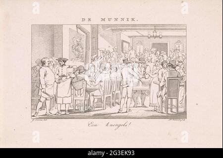 Innenraum des Munnik in Amsterdam, 1808; der Munnik / A schätzt. Viele Figuren im Inneren des Herberg de Munnik an der Ecke der Monnikenstraat und des Oudezijds Achterburgwal in Amsterdam, 1808. Stockfoto