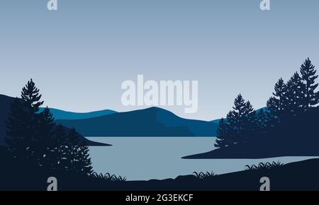 Fantastische Aussicht auf die Berge vom Flussufer bei Sonnenaufgang. Vektordarstellung einer Stadt Stock Vektor