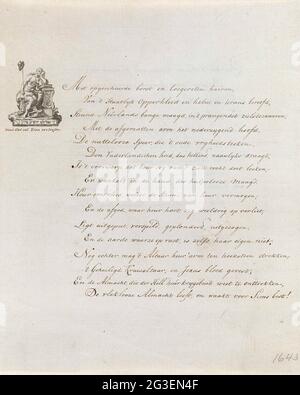 Frisch gegen das Bündnis mit Frankreich, 1795. Briefpapier mit Briefkopf oben links einer kleinen Figur der sitzenden niederländischen Jungfrau mit Freiheitsspeer, von der das Freiheitsereignis fast hereinfällt. Mit hebräischer Beschriftung und handgeschriebener Beschriftung „weil Gott Zion freilassen wird“. Auf der Vorderseite ein handgeschriebener niederländischer Vers in sechzehn Regeln, auf der Rückseite ein Vers von zehn Regeln in Latein, beide Verse gegen das Bündnis zwischen der französischen und der Batavianischen Republik, schlossen am 16. Mai 1795. Stockfoto