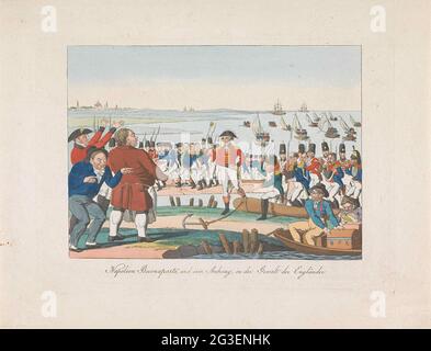 Napoleon als Gefangener in England, ca. 1814; Napoleon Bonaparte, und sein Anhang, in der Waltalt der engländer. Cartoon über Napoleon, in dem Sie sehen können, wie Napoleon und seine französischen Truppen als Gefangene britischer Soldaten in England an Land gebracht werden. An Land werden sie von lächelnden Engländern empfangen. Karikatur zum Fall Napoleons, ca. 1814-1815. Stockfoto