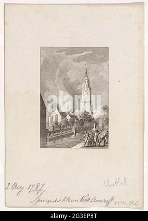 Explosion in der Kirche von Amersfoort, 1787. Buskruit in der Lieve-Vrotelekapel in Amersfoort, 2. August 1787. Die Kirche ist zerstört, nur der Turm, der Onze-Lieve-Vrouwetoren oder lange Jan, bleibt oben. Stockfoto