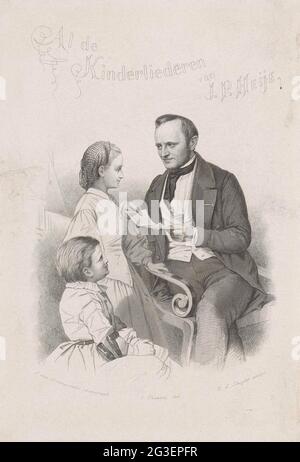 Titelseite für: J.P. Heije, alle Kinderlieder (...), 1861; Mann mit zwei Kindern. Ein Mann auf einem Stuhl mit einem beschriebenen oder bedruckten Blatt in der Hand schaut auf ein Mädchen und einen Jungen neben ihm. Über dem Titel des Buches. Stockfoto