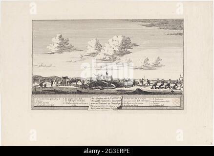 Schlachtung des Pottwals, der zwischen Zandvoort und der Nachbarschaft am Meer gestrandet ist, 1762; Handel mit dem Cageelotvis am 20. Februar. Anno 1762. Gefahren am Strand zwischen Wyk am Meer und Zantvoort. Ein am 20. Februar 1762 am Strand zwischen dem Spot Wal (Cachelot), der am Strand zwischen Wijk von Zee und Zandvoort gewickelt ist, wird von einer Gruppe von Männern zerlegt und verarbeitet. Männer mit Schneidemessern und Äxten sind auf dem Pottwal, um den Speck zu schneiden und das Gehirn zu klopfen. Rechts ziehen Männer ein Seil, um den Speck vom Tier zu ziehen. Hinter ihnen befindet sich eine Windachse für das gleiche Ziel. Der Speck ist geladen Stockfoto