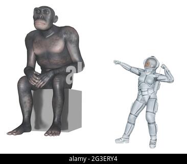 Homo habilis und Astronautin – menschliche Evolution Stockfoto