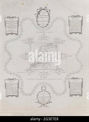 Karte der Batavianischen Republik, 1799; Karte von Batavian. Republik unterteilt in Abteilungen und Ringe (...) Nach Veröffentlichung des 14 Meij 1799. Karte der Klassifizierung der Batawischen Republik in den Abteilungen der Ringe gemäß dem Gesetz der staatlichen Vereinbarungen im Falle einer Veröffentlichung des Exekutivregimes vom 17. November 1798 und in den Bezirken gemäß der Veröffentlichung vom 14. Mai 1799. Mit Kartuschen mit Zuordnung, Anweisungen und zwei Botschaften. Am Ende der von Ondaatje unterzeichneten Adresse. Stockfoto