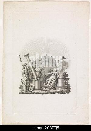 Titelseite für: Constitutions-Acte für die Batavian Republik, nebst other zu horrific Stücke who selige von Ihren Einwohnern am 23. April 1798 angenommen sind. Eingravierte Titelseite für eine deutsche Übersetzung der Verfassung der Batawischen Republik. Justitia und Minerva legen die Säule der Verfassung von 1798 auf den Sockel Freiheit, Gleichheit und Brüderlichkeit, mit der niederländischen Jungfrau auf der rechten Seite mit der Freiheit des Lebens auf einem Speer. Im Hintergrund ein Tempel auf einem Hügel. Stockfoto