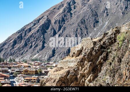 Ollantaytambo ruiniert die archäologische Stätte im Heiligen Tal Perus Stockfoto