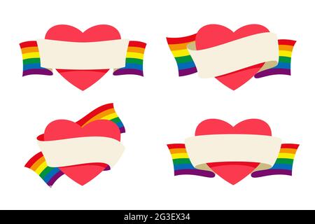 Vier Herzensstil werden für die LGBT-Aktivität mit dem „Rainbow Flag Ribbon Banner“ eingewickelt. Stock Vektor