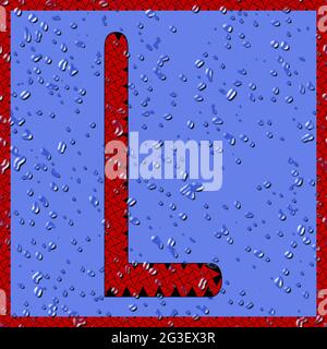 Grafik mit dem OCR-Großbuchstaben L als rotes Monogramm mit blauen Wassertropfen Stockfoto