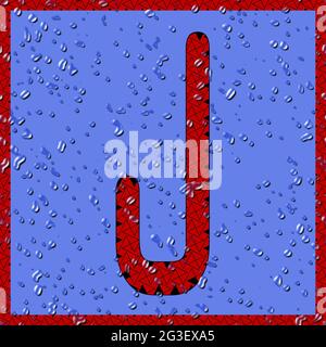Grafik mit dem OCR-Großbuchstaben J als rotes Monogramm mit blauen Wassertropfen Stockfoto