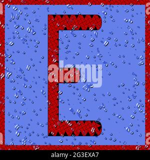 Grafik mit dem OCR-Großbuchstaben E als rotes Monogramm mit blauen Wassertropfen Stockfoto