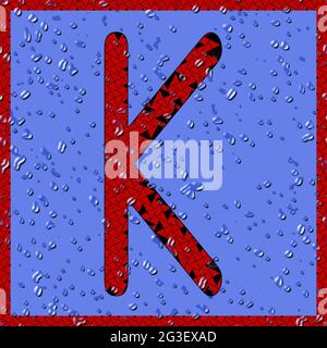 Grafik mit dem OCR-Großbuchstaben K als rotes Monogramm mit blauen Wassertropfen Stockfoto