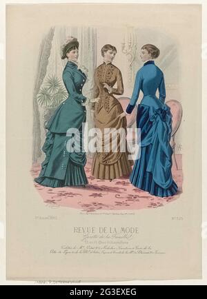 Revue de la Fashion, Gazette de la Famille, 1882, 11. Année, Nr. 525: Toiletten Die M.es Vidal (...). Drei Frauen in einem Innenraum in den Vidal-Kleidern gekleidet. Nach dem Bild einheitliche Regeln Werbetext für verschiedene Produkte. Druck aus dem Bodenmagazin Revue de la Mode (1872-1913). Stockfoto