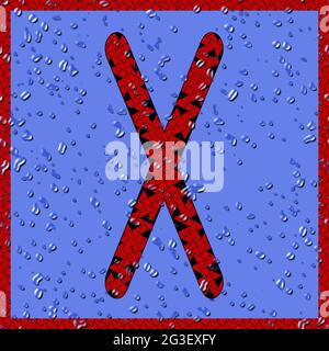 Grafik mit dem OCR-Großbuchstaben X als rotes Monogramm mit blauen Wassertropfen Stockfoto