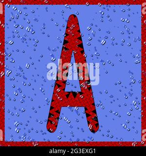 Grafik mit dem OCR-Großbuchstaben A als rotes Monogramm mit blauen Wassertropfen Stockfoto