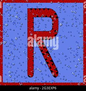 Grafik mit dem OCR-Großbuchstaben R als rotes Monogramm mit blauen Wassertropfen Stockfoto