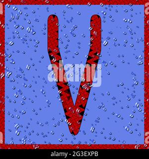 Grafik mit dem OCR-Großbuchstaben V als rotes Monogramm mit blauen Wassertropfen Stockfoto