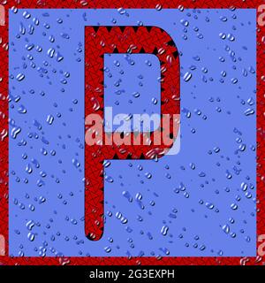 Grafik mit dem OCR-Großbuchstaben P als rotes Monogramm mit blauen Wassertropfen Stockfoto