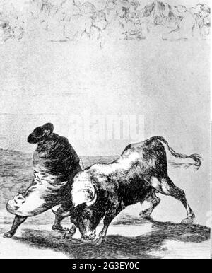 Sport, Stierkampf, Radierung von Francisco de Goya y Lucientes, Serie: Tauromaquia, Blatt 12, ARTIST'S COPYRIGHT MUSS NICHT FREIGEGEBEN WERDEN Stockfoto