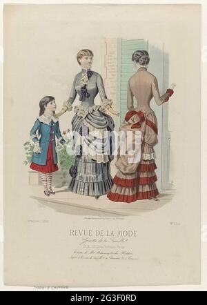 Revue de la Fashion, Gazette de la Famille, 1882, 11. Année, Nr. 554: Toilettes De Mme DeAnnoy (...). Laut der Bildunterschrift: 'Toilettes' von Delannoy. Unter einer Regel Werbetext für verschiedene Produkte. Druck aus dem Bodenmagazin Revue de la Mode (1872-1913). Stockfoto