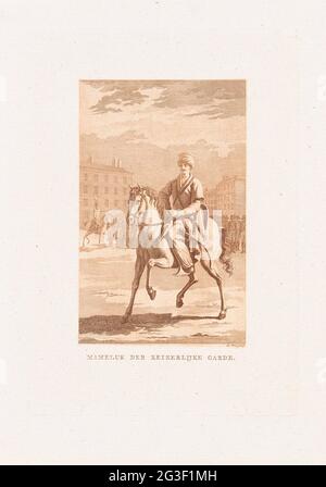 Mammeluk zu Pferd; Mameluk der Imperial Garde. Türkischer Reiter, hinter ihm Soldaten. 1798 kam Napoleon in Ägypten ein und besiegte die Mammellukken. Napoleon war von der mammelukischen Kavallerie beeindruckt und gründete sein eigenes Mammelukken-Korps für die französische kaiserliche Armee. Stockfoto
