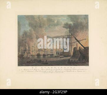 Bombenangriff auf Algier, 1816; der Sieg über die Algerenrynen im Baay von Algier, der von den Engländern und Nederlandschen Eskaders, virtuell vom Admiral Lord Exmouth, und dem Vizeadmiraal van de Capellen, am 27. August 1816 errungen wurde. Die Bombardierung von Algier in der Nacht vom 26-27. August 26-27 1816 durch die kombinierte englisch-niederländische Flotte unter dem Kommando von Lord Exmouth und Jonkheer von Capellen. Links und rechts die brennenden Schiffe der Piraten, mitten in der Stadt auf einem Hügel gelegen. Einige Schleifen im Vordergrund. Rechts eine Küstenbatterie, auf der eine Flagge mit drei Brechstangen steht. Stockfoto