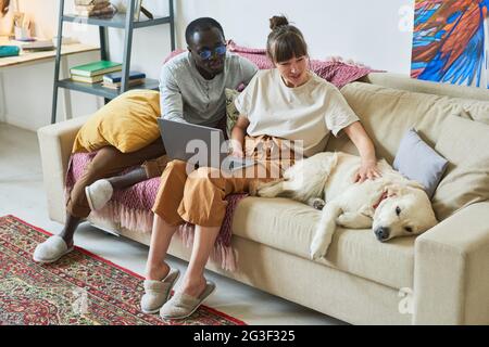 Das junge Paar sitzt mit seinem Hund auf dem Sofa und benutzt einen Laptop im Zimmer Stockfoto