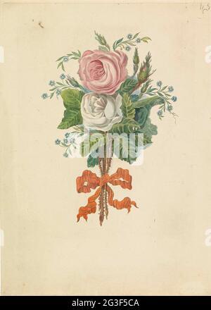 Rosen mit den Silhouetten der königlichen Familie, 1816. Bouquet mit einer rosa und einer weißen Rose, in der die Silhouetten der königlichen Familie verarbeitet wurden. Die Rosen sind mit einem orangefarbenen Band verbunden. Nach der Hochzeit des Prinzen von Oranien und Anna Paulowna am 21. Februar 1816 in Sint Petersburg. Unter den Blumen eine acht-Anordnung frisch und Liste der Namen der Porträtierten. Stockfoto