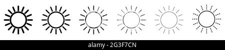 Sonnensymbol. Satz linearer Sonnensymbole. Vektorgrafik. Symbole für Sonnenvektoren. Schwarze lineare Sonnensymbole Stock Vektor