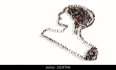 Konzept oder konzeptionelle große Sammlung von Menschen bilden ein Bild eines menschlichen Gehirns auf weißem Hintergrund. Stockfoto