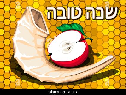 Grußkarte zum frohen Neujahr mit jüdischer (Rosh Hashanah)-Karte. Ein Apfel und ein Schofarhorn auf einem Wabenhintergrund. Stock Vektor