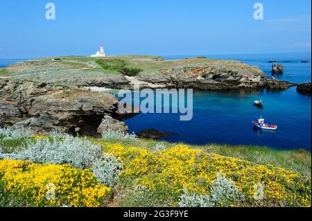 FRANKREICH. MORBIHAN (56) BELLE ILE EN MER ISLAND. LEUCHTTURM LES POULAINS (BILD NICHT VERFÜGBAR FÜR KALENDER ODER POSTKARTEN) Stockfoto