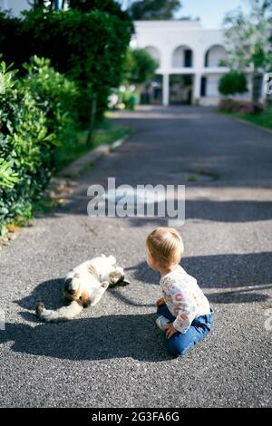 Das Kind sitzt auf dem Weg im Garten neben einer liegenden Katze Stockfoto