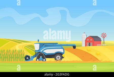 Maisernte Mähdrescher Maschine arbeiten in landwirtschaftlichen Feld Landschaft Vektor-Illustration. Cartoon Land natürliche Agro-Landwirtschaft-Technologie, Erntemaschine Cropping Getreidepflanzen Hintergrund Stock Vektor