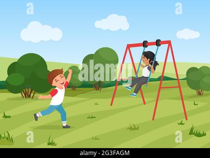 Glückliche Kinder reiten Schaukel, Vorschulkinder spielen im Sommerpark zusammen Vektordarstellung. Cartoon lustige kleine Mädchen Junge Kind Charaktere spielen lustiges Spiel auf dem Spielplatz, aktive Übung Hintergrund Stock Vektor