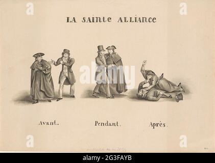 Karikatur zur Allianz zwischen der römischen Kleri-Partei und der Liberalen Partei gegen die niederländische Regierung, 1828; La Sainte Alliance. Karikatur zur Allianz, die in den Südniederländern zwischen der römischen Kleri-Partei und der Liberalen Partei gegen die niederländische Regierung geschlossen wurde, 23. Juli 1828. Drei Aufführungen von zwei Figuren, Vertreter der beiden Parteien. Links 'Avant' wie Feinde, zentraler 'Anhänger' als Freunde und rechts 'après' rollend gegeneinander über den Boden kämpfen. Stockfoto