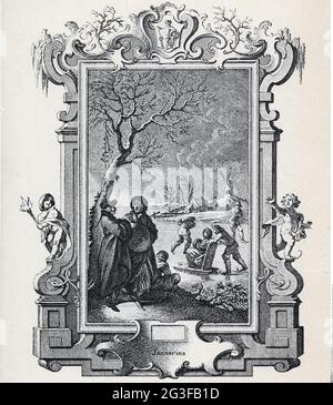 Kalender, Kalenderblatt, Monat Januar, nach Kupferstich von Johannes Esaias Nilson, 1750, darf DAS COPYRIGHT DES KÜNSTLERS nicht FREIGEGEBEN WERDEN Stockfoto