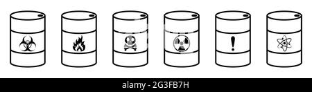 Fass mit gefährlichen Substanzen. Vektorgrafik. Gefährlicher Abfall. Set aus Metallfässern. Stock Vektor