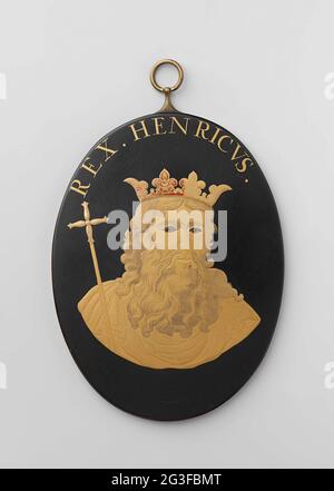 Porträt von König Heinrich II.. Ovale Plakette mit Porträt eines Mannes, Schulterstück, mit Krone und links ein Stab, auf dem ein Kreuz. In Gold auf Schwarz, Spuren von Rot auf der Krone, Augen und Kreuz, goldener Randing oben: Rex. Henricvs. Und Kehrseite Mitte: Henricvs II. Imp. An, XXII, Mens V. Di. XXI, Sedentib. / Silvestro II, i.xvi, i.xvii, Sergio IV, Benedikt. VIII. Et ie XVIII / Decess. Ein. Chr. MXXIV. Über einem drehbaren Trageauge. Stockfoto