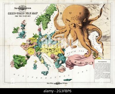 Europakarte – Serio-Comic-Kriegskarte für das Jahr 1877. Satirische Karte. Stockfoto