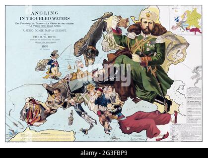 1889 satirische Europakarte - Angling in Troubled Waters - von Fred W. Rose Stockfoto