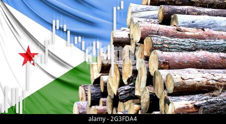 Holz auf dem Hintergrund der Flagge von Dschibuti, das Konzept der steigenden Preise für Holz Stockfoto