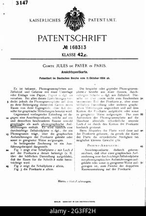 Unterlagen, Patent, Patentschrift Nummer 168313, Kaiserliches Patentamt, an: Comte Jules de Payer, ARTIST'S COPYRIGHT MUSS NICHT FREIGEGEBEN WERDEN Stockfoto