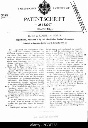 Dokumente, Patent, Patentschrift Nummer 152007, Kaiserliches Patentamt, für: Papieroberfläche, ARTIST's COPYRIGHT MUSS NICHT FREIGEGEBEN WERDEN Stockfoto